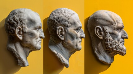 Obraz premium Ancient classical marble gypsum stoic, roman, greek bust, busts head sculpture against a colored background representing historical figures 
