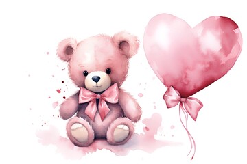 Obraz premium Teddy bear with heart-shaped balloon. Watercolor illustration.
