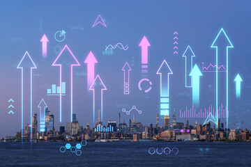 New York skyline with glowing holographic data and symbols overlay. Double exposure