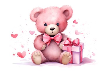 Cute cartoon teddy bear with gift box. Watercolor illustration.