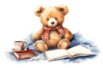 Watercolor teddy bear with a book and a cup of coffee