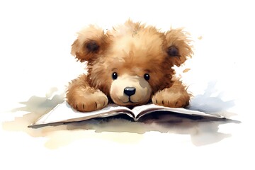 Cute teddy bear reading a book. Watercolor illustration.