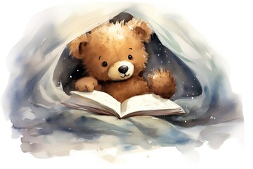 Naklejka premium Cute teddy bear reading a book. Watercolor illustration.