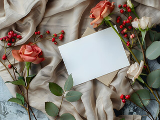A white blank greeting card with flowers and a love letter in the background, suitable for weddings, anniversaries, or other special occasions.