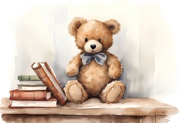 Teddy bear sitting on the table with books. Watercolor illustration