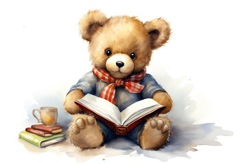 Teddy bear with book and cup of tea. Watercolor illustration