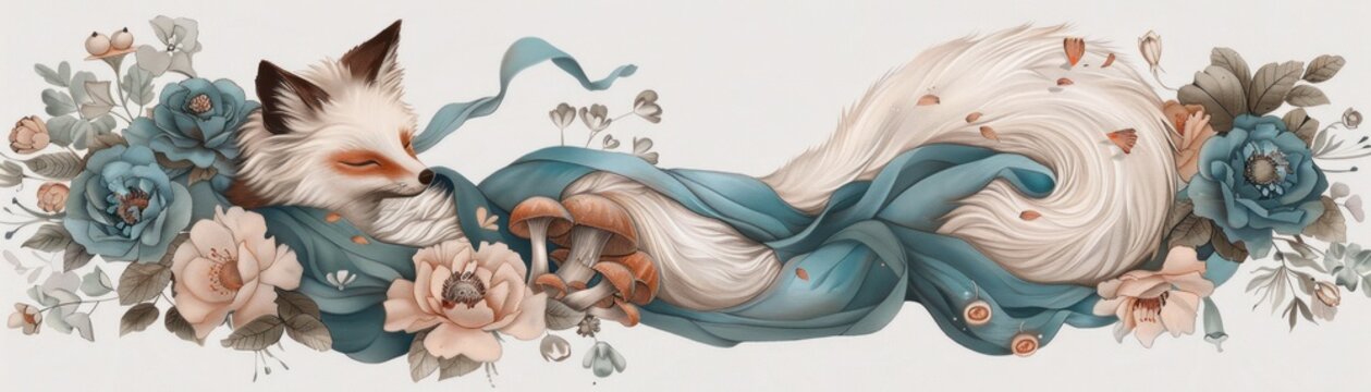 A watercolor painting of a white fox curled up among blue and cream colored flowers.