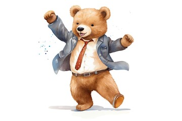 Teddy bear in business suit and tie. Watercolor illustration.