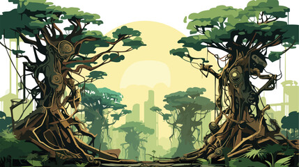 A jungle scene with trees 