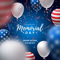 Memorial Day of the USA Vector Design Template with American Flag Air Balloon and Falling Confetti on Shiny Blue Background. National Patriotic Celebration Illustration for Banner, Greeting Card or