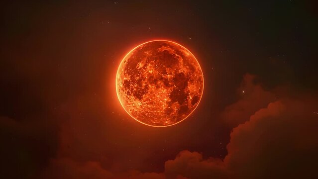 A breathtaking sight of a fiery red lunar eclipse with the moon appearing to be engulfed in a hazy globe of oranges and pinks against . .