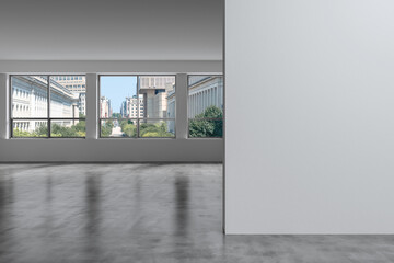 Empty room Interior View to Cityscape Washington City Skyline Window background. Beautiful Real Estate. White mockup wall. Day time. 3d rendering.