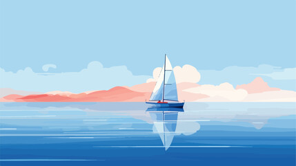 A lone sailboat drifting lazily on a calm azure sea  - obrazy, fototapety, plakaty