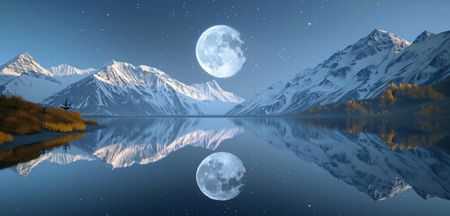 A crystal-clear image of a full moon rising over a tranquil alpine lake. 32k, full ultra hd, high resolution - Powered by Adobe