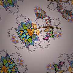 Obraz premium Abstract seamless pattern with hand drawing flowers. Vector illustration. Flowers on black, blue and neutral colors.