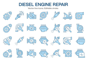 Diesel engine repair icons, such as turbocharger, fuel injector, turbine, spark plug and more. Vector illustration isolated on white. Editable stroke.