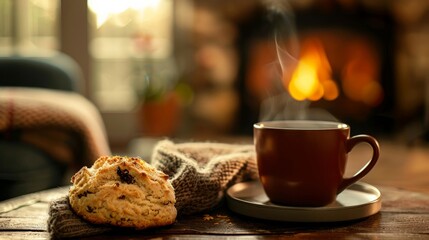 A steaming cup of herbal tea beside a vegan scone, the warm, inviting colors suggesting a perfect, cozy breakfast or afternoon snack