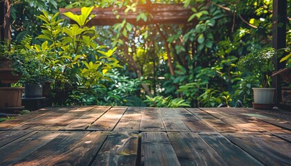 A wooden terrace and lots of green plants in the background. - Powered by Adobe