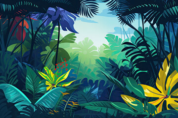 Fototapeta na wymiar Flat illustration of a tropical landscape framed by palm leaves.