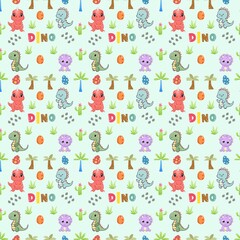 Seamless pattern with dino. Colorful prints with cute dinosaurs for children's bedding and pajamas, scrapbook,stickers, clothing screen printing, printable decorations, wallpaper