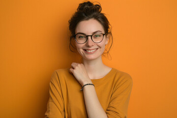 Portrait of a beautiful young woman in a glasses on a studio plain background. AI generated