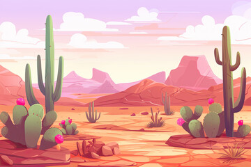 Desert landscape. Cacti at sunset. - obrazy, fototapety, plakaty