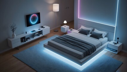 An isometric bedroom featuring a sleek, levitating bed surrounded by holographic side tables emitting soft, pulsating light.