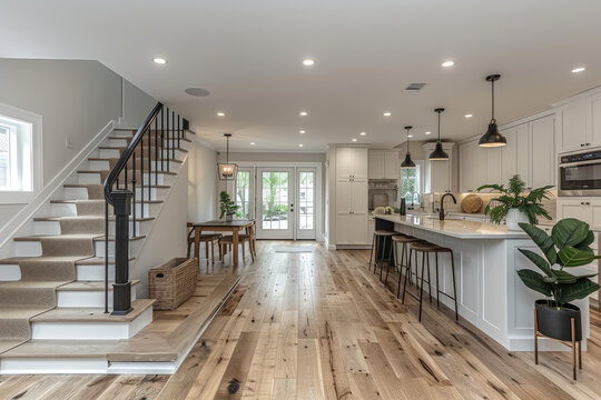 A photo of the interior of an open concept modern farmhouse in Washington DC, with white walls and light wood floors. A kitchen island is centered on one side. Created with Ai