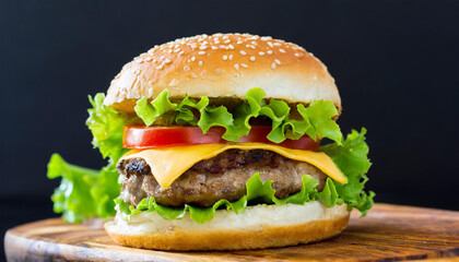 Home made hamburger with lettuce and cheese, isolated against a black background