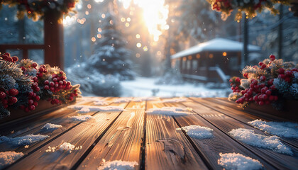 Wooden terrace of a house decorated for Christmas against the blurry background of a snow-covered forest on a sunny day. Christmas. Christmas decorations.