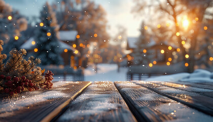 Wooden terrace of a house decorated for Christmas against the blurry background of a snow-covered...