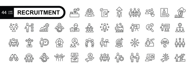 Recruitment web icons in line style. Headhunting, career, resume, work group, candidate, job hiring, collection. Vector illustration.