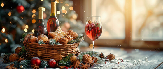 Wicker basket with wine and gingerbread decorated for Christmas on the kitchen counter on the blurred background of a modern bright kitchen on a sunny day. Christmas. Christmas decorations.