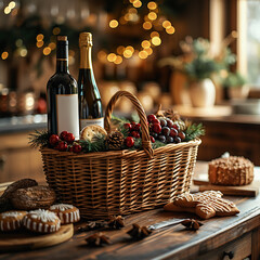 Still life with wine. Wicker basket with wine and gingerbread decorated for Christmas on the kitchen counter on the blurred background of a modern bright kitchen on a sunny day. Christmas. 