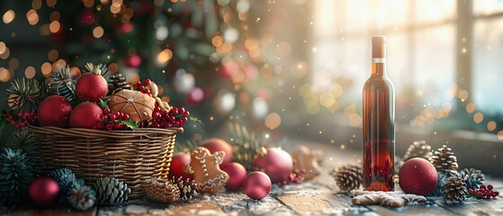 Christmas tree decorations. Wicker basket with wine and gingerbread decorated for Christmas on the kitchen counter on the blurred background of a modern bright kitchen on a sunny day. Christmas. Chris