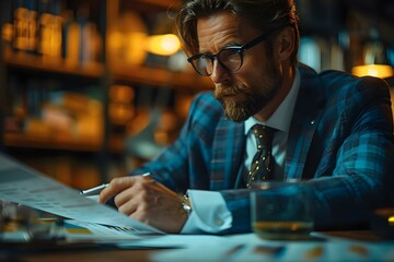 Focused Analyst Evaluating Financial Reports in Office. Concept Financial Analysis, Business Insights, Data Interpretation, Analytical Skills, Office Environment