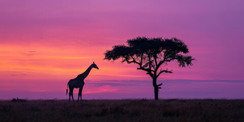 A solitary giraffe eating from an acacia tree, its silhouette a stark contrast against the expansive savanna and the purple and orange sky of dusk. - obrazy, fototapety, plakaty