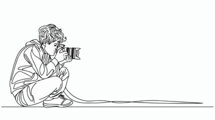 Continuous line drawing of boy making photos - obrazy, fototapety, plakaty