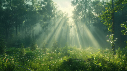 Morning in the forest with beautiful sumshine. Created with Ai