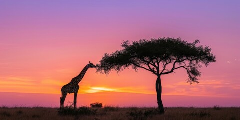 A solitary giraffe eating from an acacia tree, its silhouette a stark contrast against the...