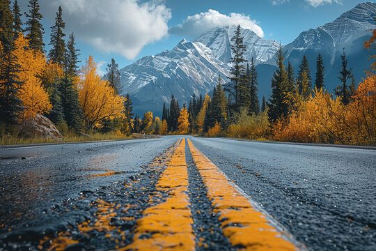 A photo of the yellow painted road lines leading to snowcapped mountains in Canada, surrounded by autumn foliage. Created with Ai