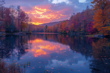 Sunrise over the lake, beautiful view. Created with AI