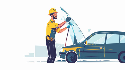 Obraz na płótnie Canvas A service agent fixing a windshield crack on-site Fla