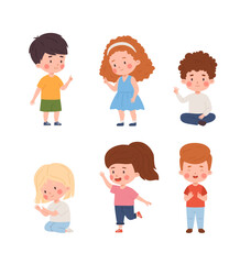 Kids counting on palms, vector cute preschool boys and girls showing fingers gesture to study numbers, arithmetic math