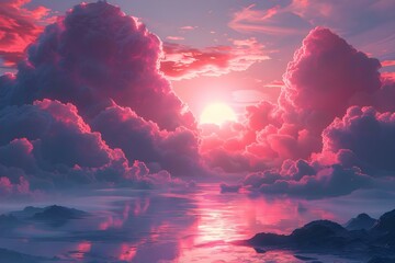 Surreal Pink Skies in a Metallic Fantasy Realm. Concept Fantasy Realms, Surreal Skies, Metallic Aesthetics, Pink Hues - obrazy, fototapety, plakaty