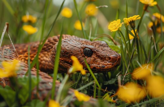 Close-up of a snake hiding among spring flowers