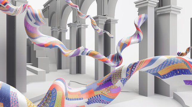 Vibrant ribbons interlace with static shapes, adding fluidity to 3D structures.