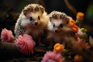 Lovable hedgehogs exploring a garden, their tiny, spiky forms and playful behavior captured in a heartwarming image. - obrazy, fototapety, plakaty