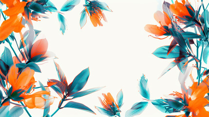 Tangerine and blue florals in white frame, symbolizing digital bloom. - obrazy, fototapety, plakaty