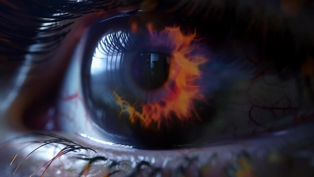 An eye contorted in agony is engulfed by rising flames. Red and orange flames surround the eye as if the soul is being incinerated. 